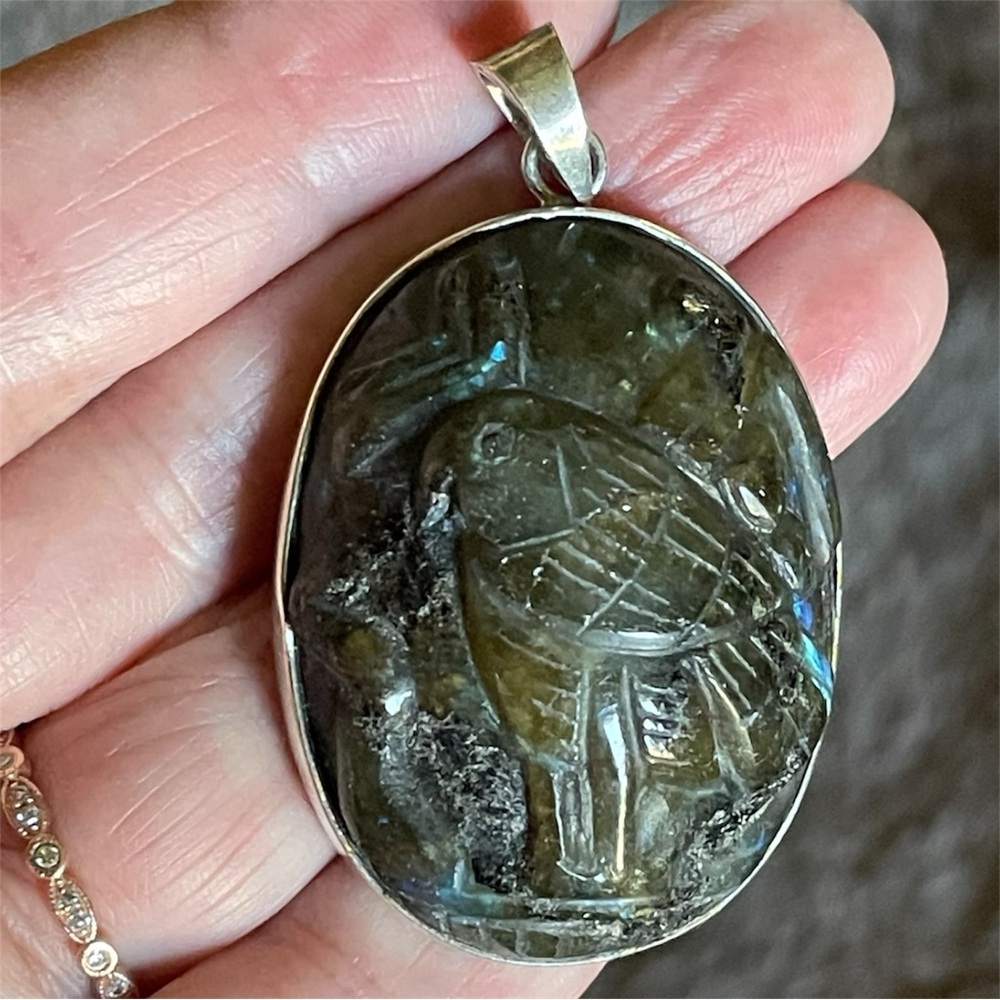 Vintage Labradorite Hand Carved Horus Falcon Hawk Open Back Bezel 1990s